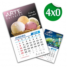 Imã com calendário Papel Couchê 300g 4x0 cores laminação fosca e verniz localizado 4x5cm 1000 unidades